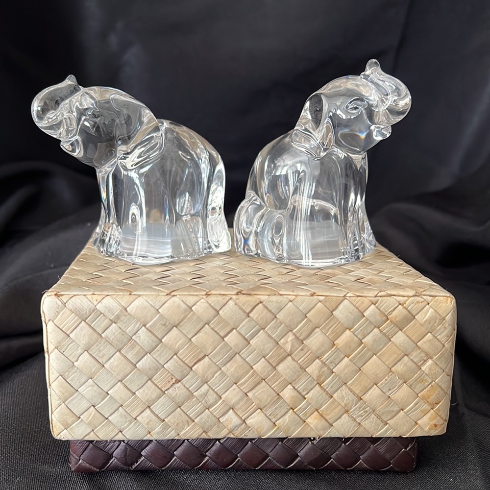 Crystal elephant, salt, and pepper set.